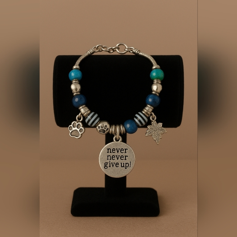 Silver Charm Bracelet with Blue Beads